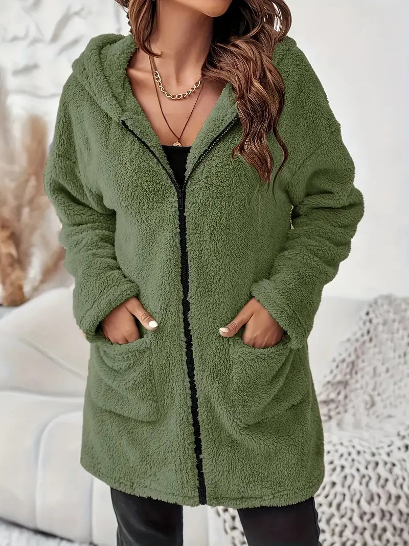 Elegante Plush Hooded Coat met rits en opgestikte zakken voor dames