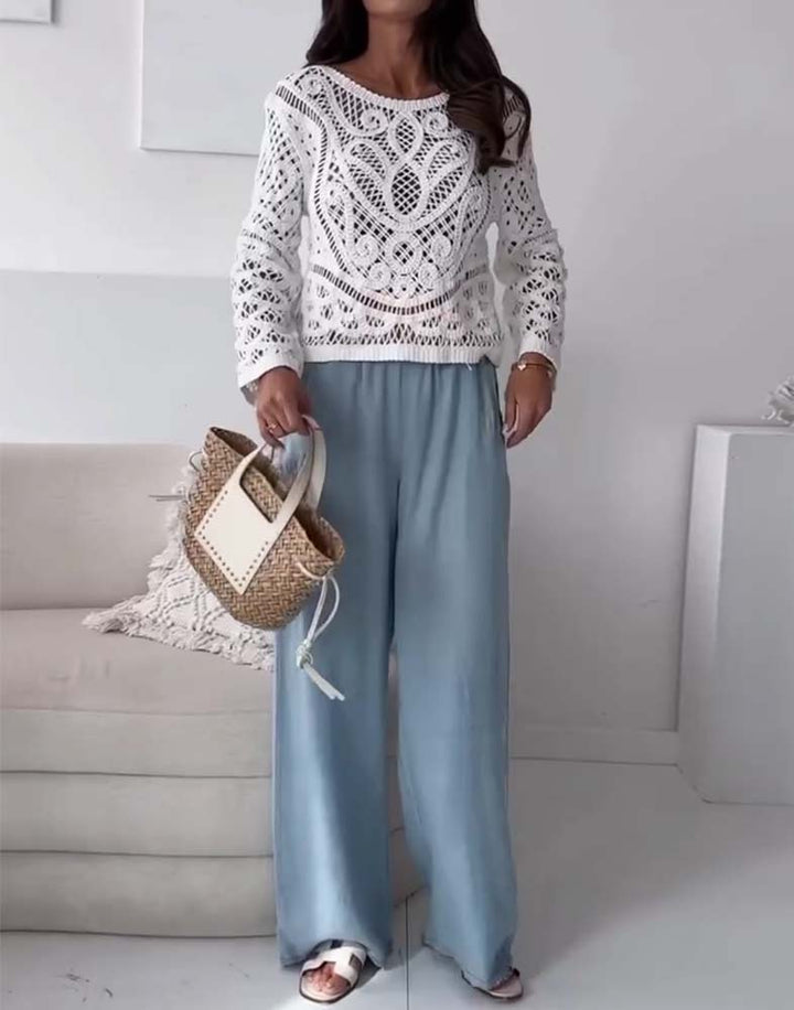 Washed denim wijde pijpen broek