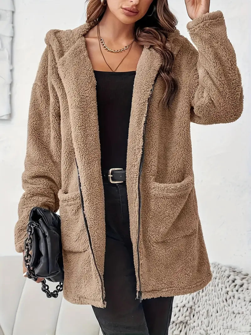 Elegante Plush Hooded Coat met rits en opgestikte zakken voor dames