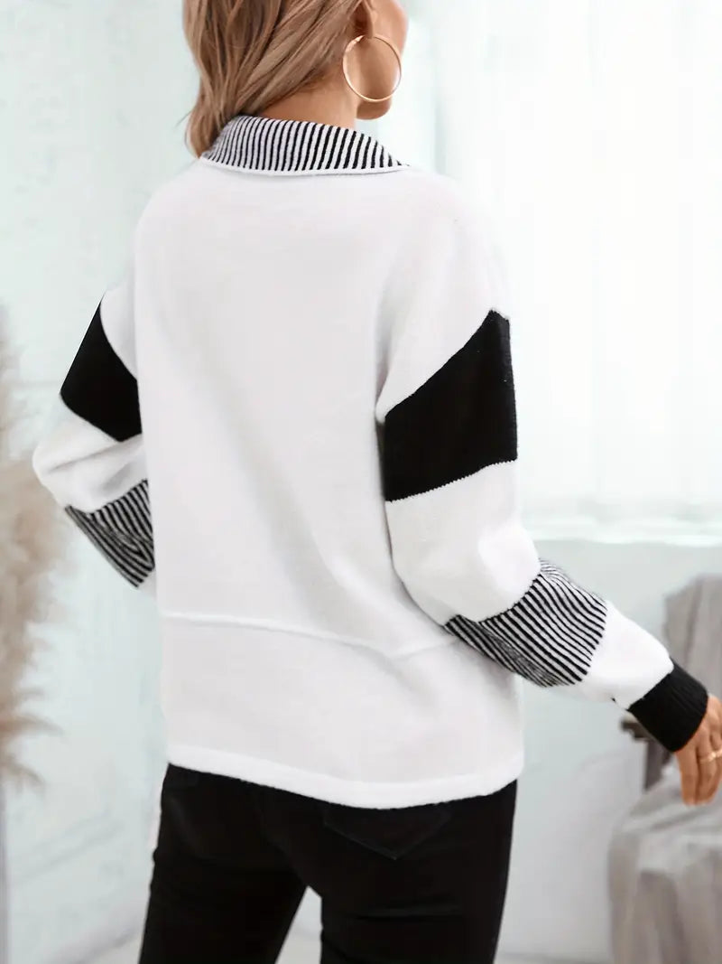 Casual gebreide trui voor dames met color block strepen en reverskraag
