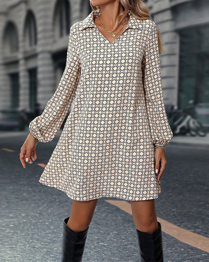 Printed Jurk met Revers en Lange Mouwen