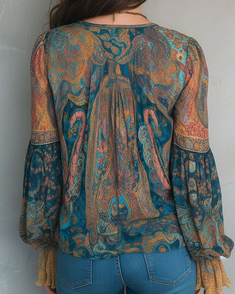 Boheemse Stijl Blouse met V-hals en Wijdere Mouwen