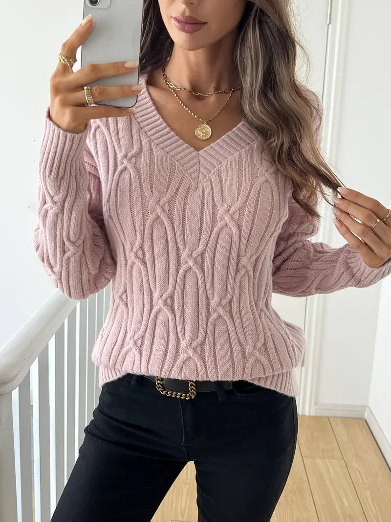 Effen V-hals Cable Knit Trui voor dames