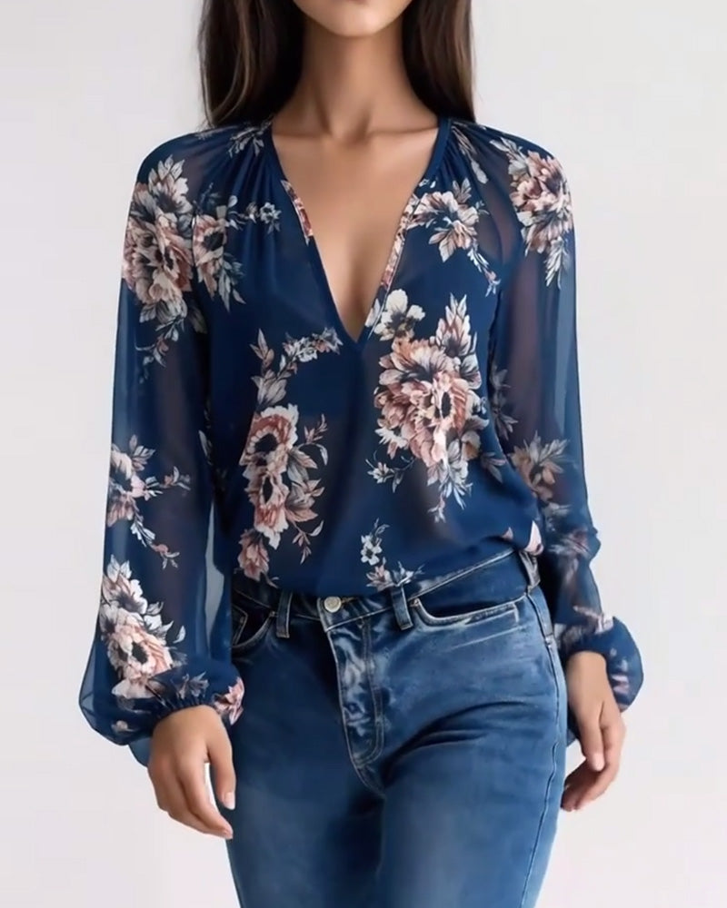Modieuze Printed V-hals Blouse met Lange Mouwen