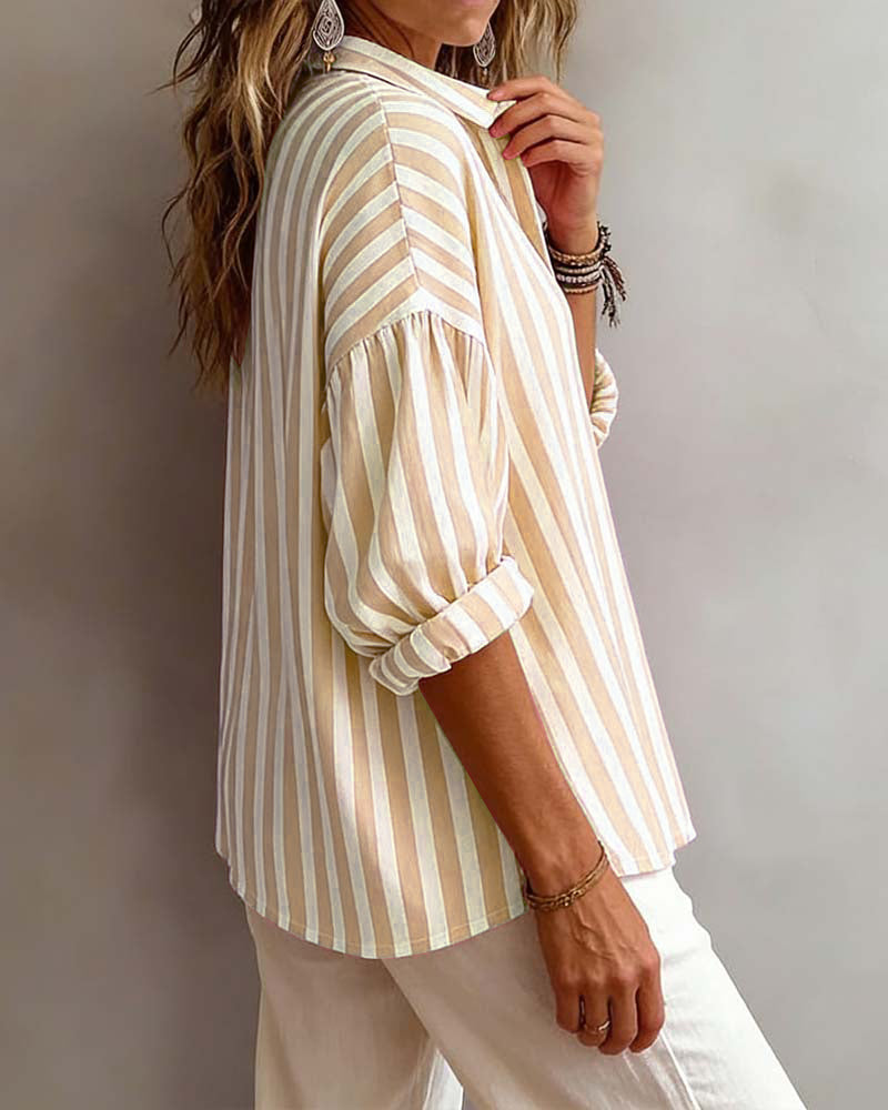 Gestreepte Losvallende Blouse met Kraag