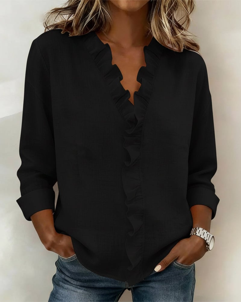 Ruffle V-hals blouse met lange mouwen