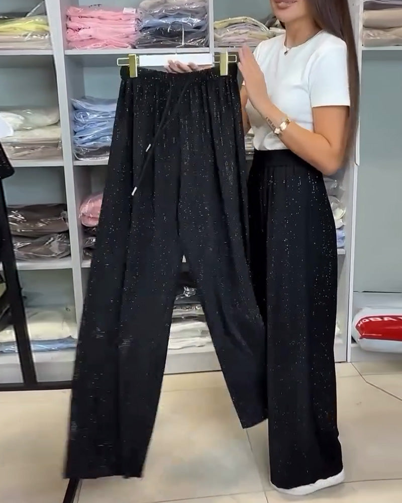 Stijlvolle hoge taille glanzende wijd uitlopende broek