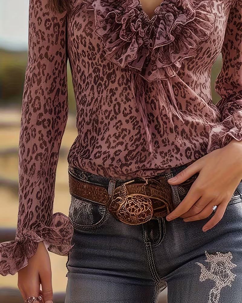 Blouse met Leopard Print, V-hals en ruches