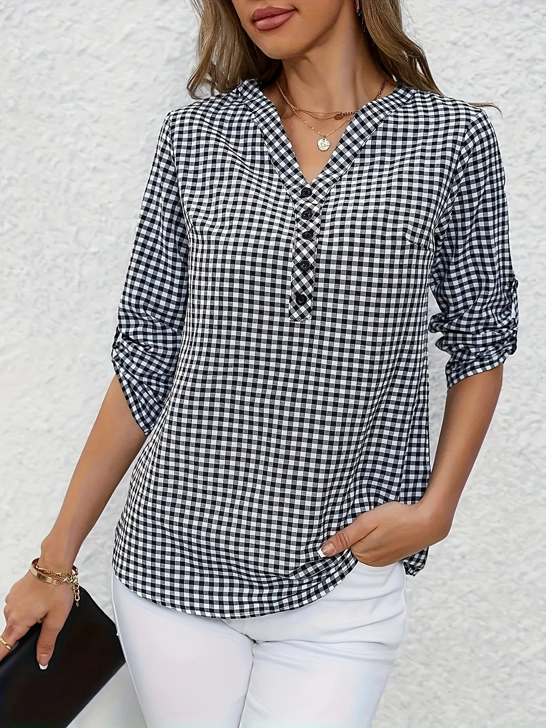 Elegante V-hals Ruitjesblouse