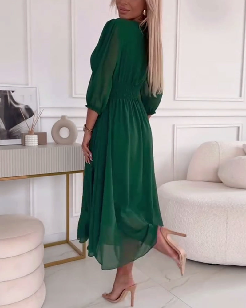 V-hals Jurk in Effen Kleur met Taille