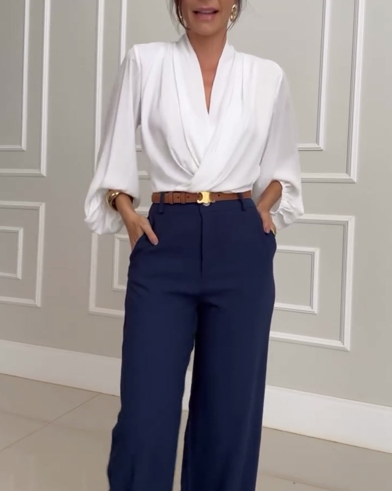 Modieuze effen V-hals blouse met lampionmouwen