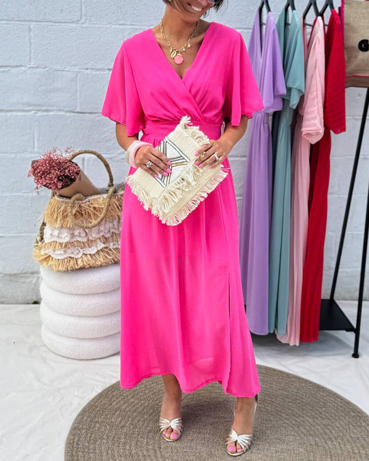 Jurk met V-hals en taille in chiffon