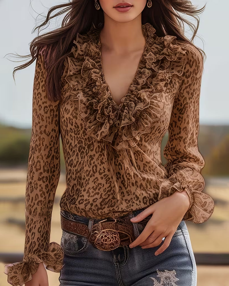 Blouse met Leopard Print, V-hals en ruches