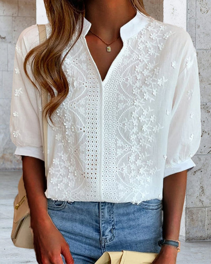 Effen V-hals blouse met korte mouwen