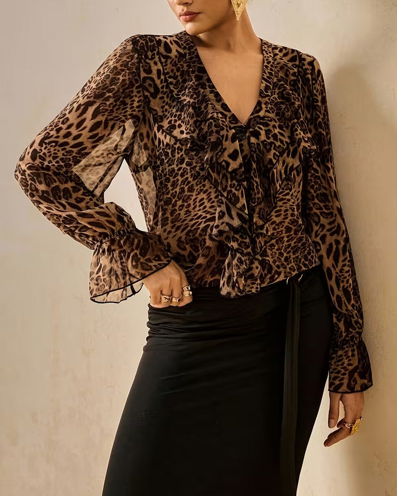 V-hals blouse met ruches en luipaardprint