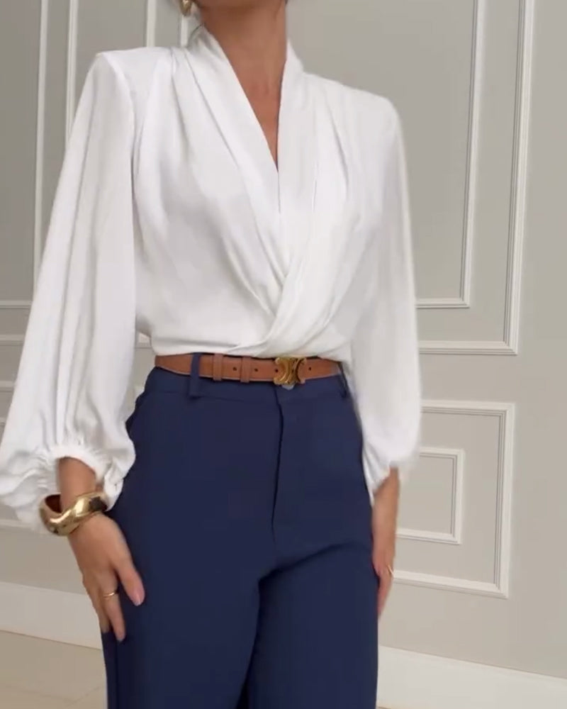 Modieuze effen V-hals blouse met lampionmouwen