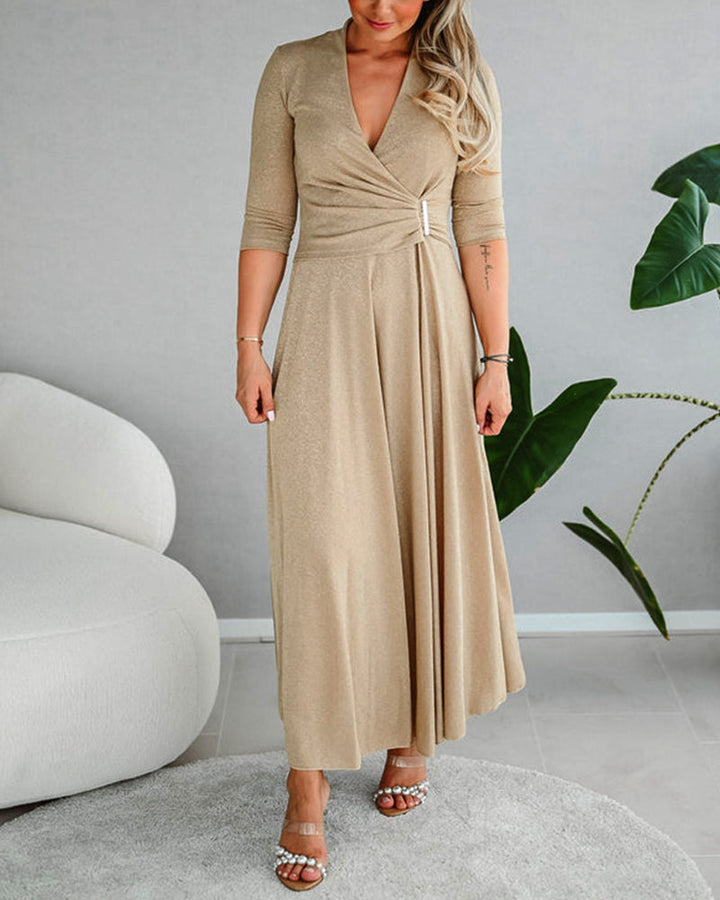 Elegante effen V-hals jurk met driekwart mouwen