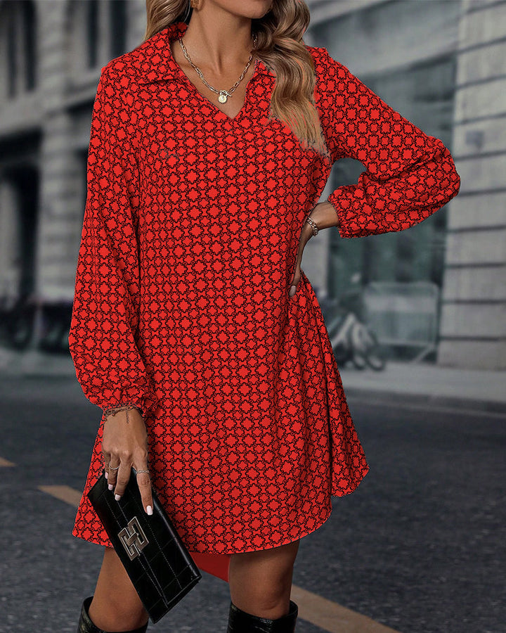 Printed Jurk met Revers en Lange Mouwen