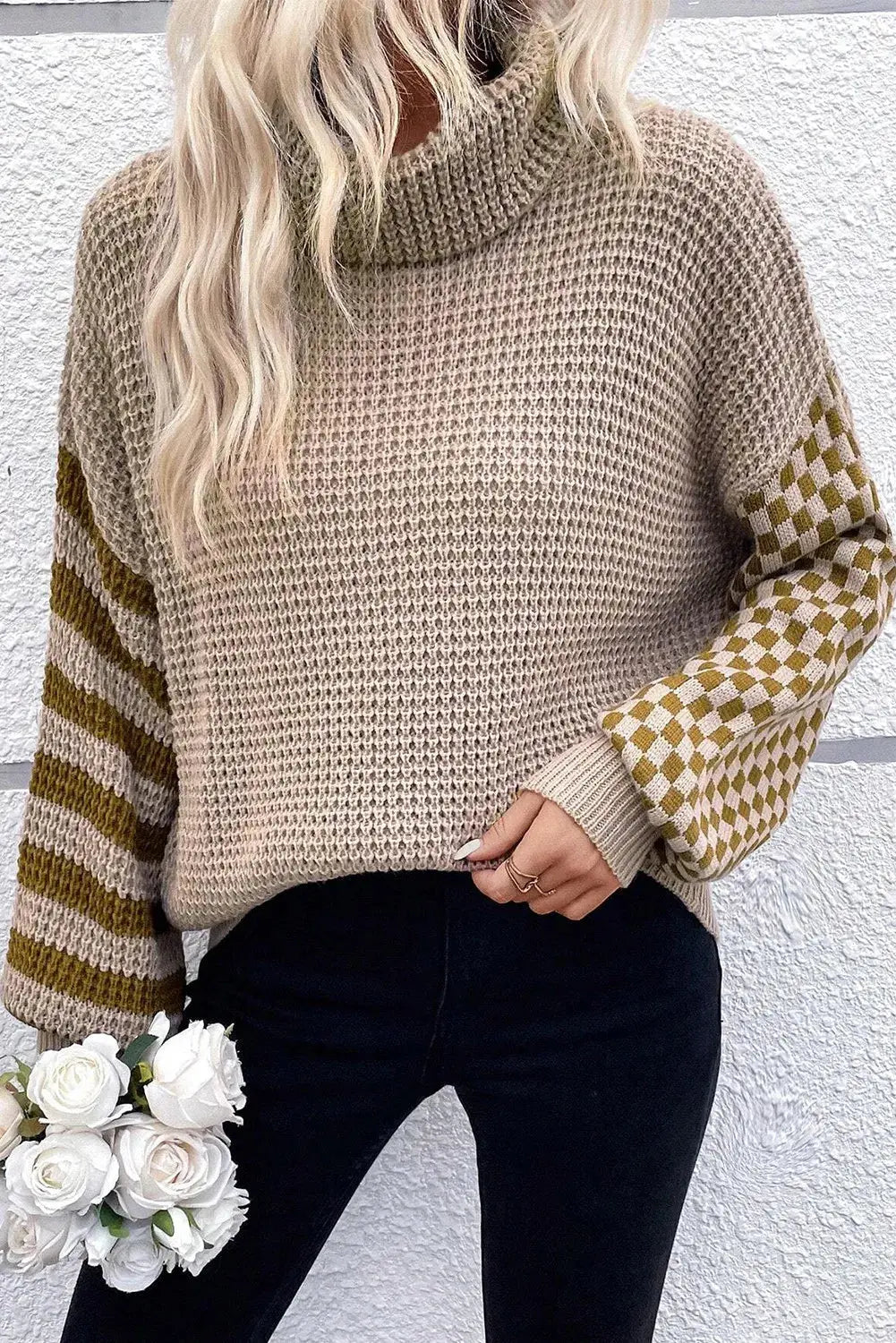 Gestreepte Ruit Patchwork Waffle Knit Coltrui