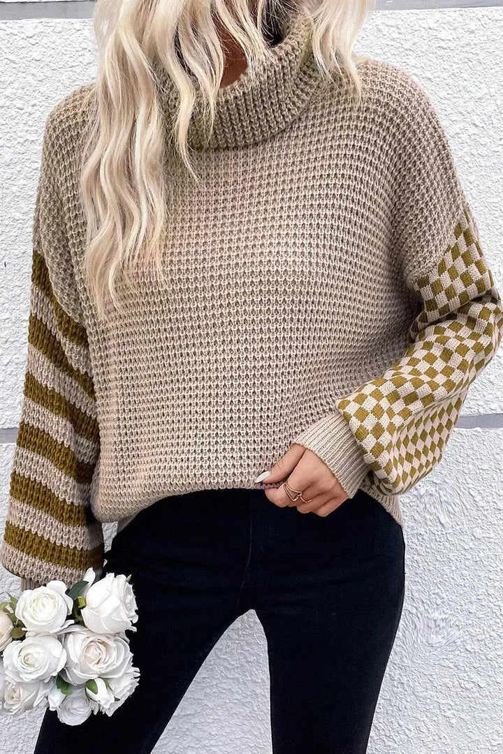 Gestreepte Ruit Patchwork Waffle Knit Coltrui